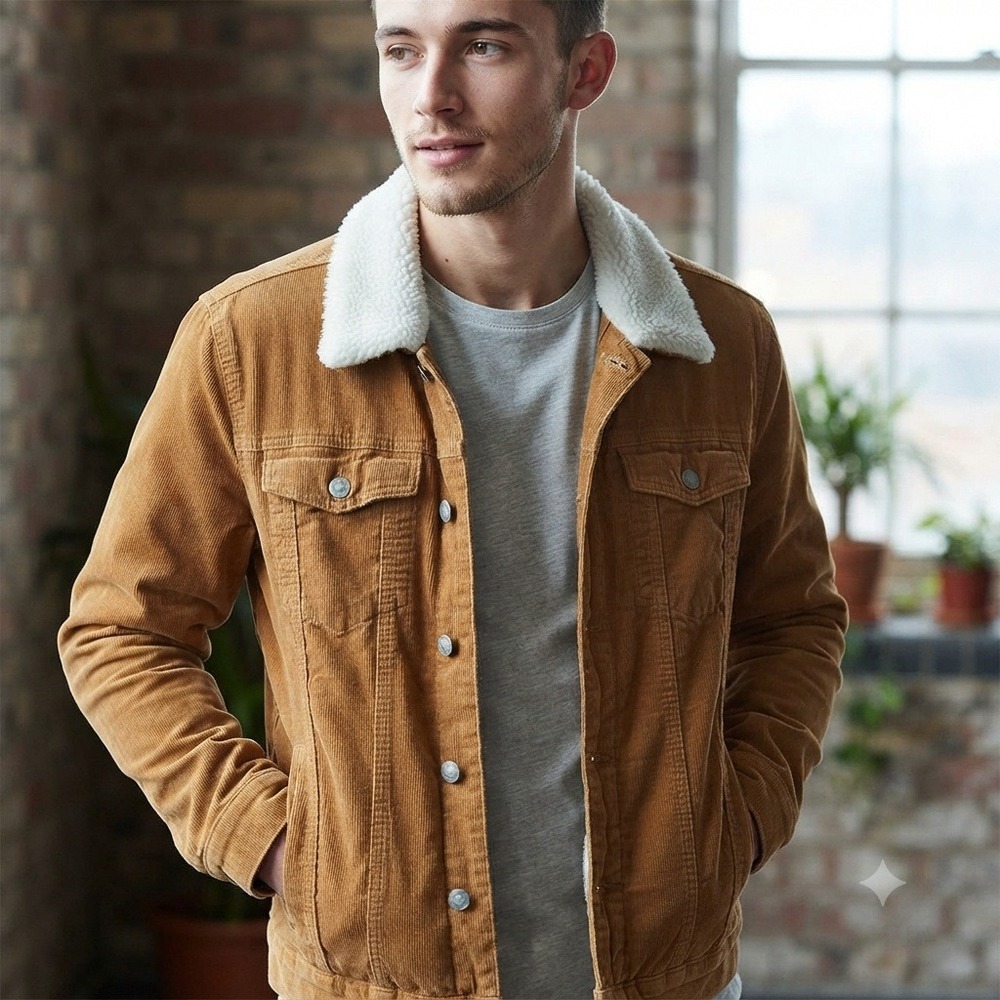 BoohooMAN Corduroy Sherpa Collar Trucker Jacket Camel Tan Large